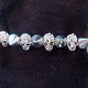 Skull Spikes rock silver tone rhinestone stretchy bracelet